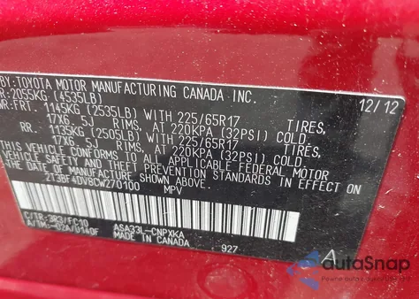 2012 Toyota Rav4 from USA, damaged, VIN 2T3BF4DV8CW270100